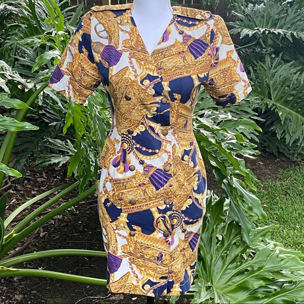Vintage double breasted shirt dress.Navy blue & gold jewels with purple tassels